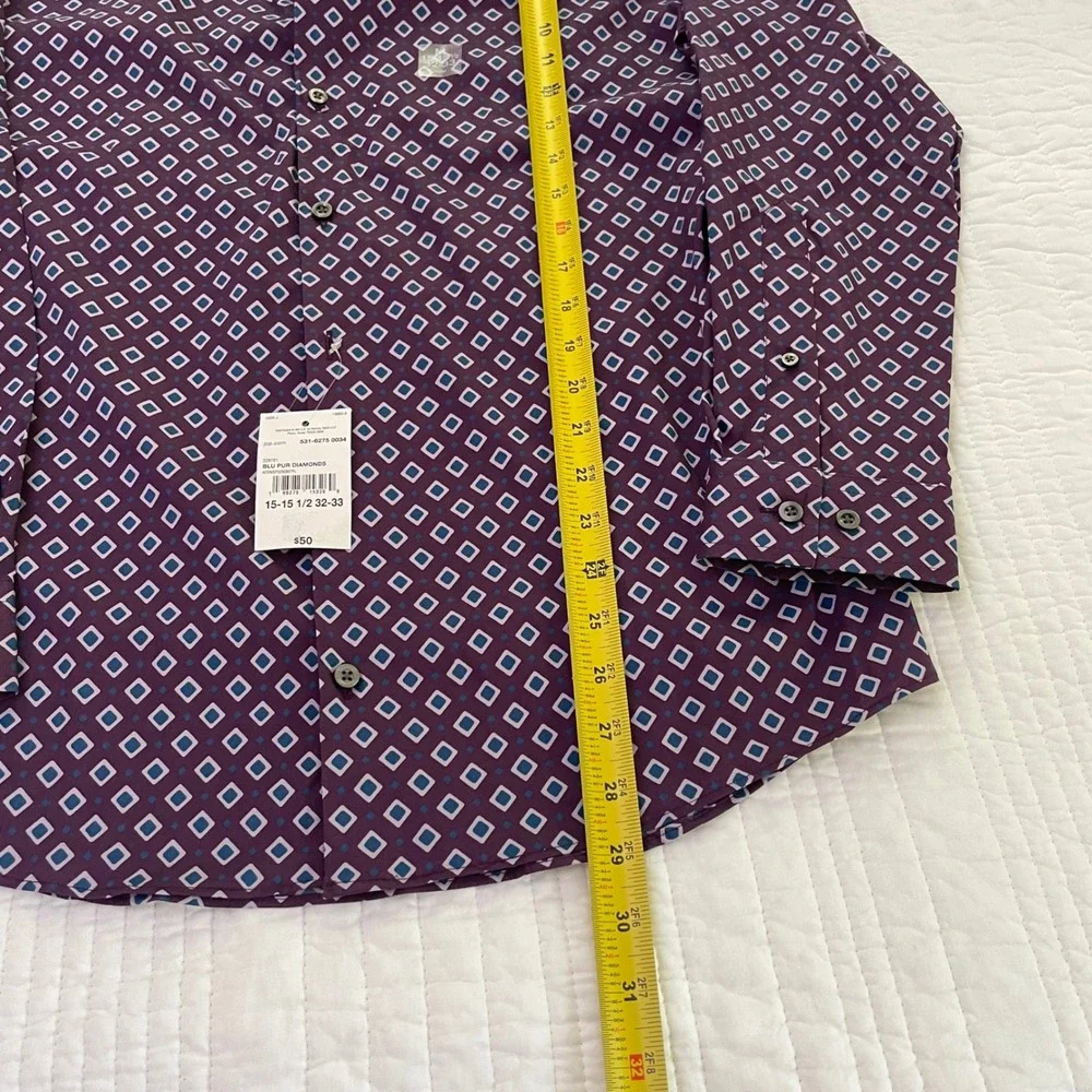 J. Ferrar Men Purple Blue Diamond Geometric Slim Fit Stretch Dress Shirt 15.5 32